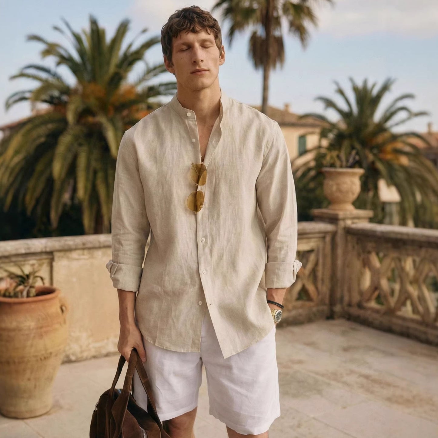 Mens Solid Color Loose Fit Casual Linen Shirt Top