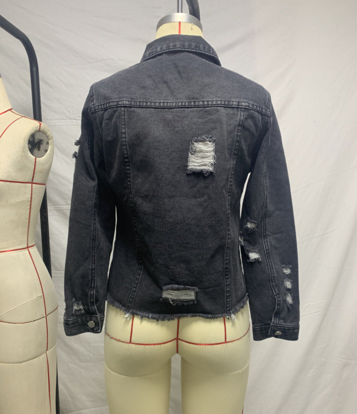 Female Creative Perforated Denim Long Sleeved Shirt
