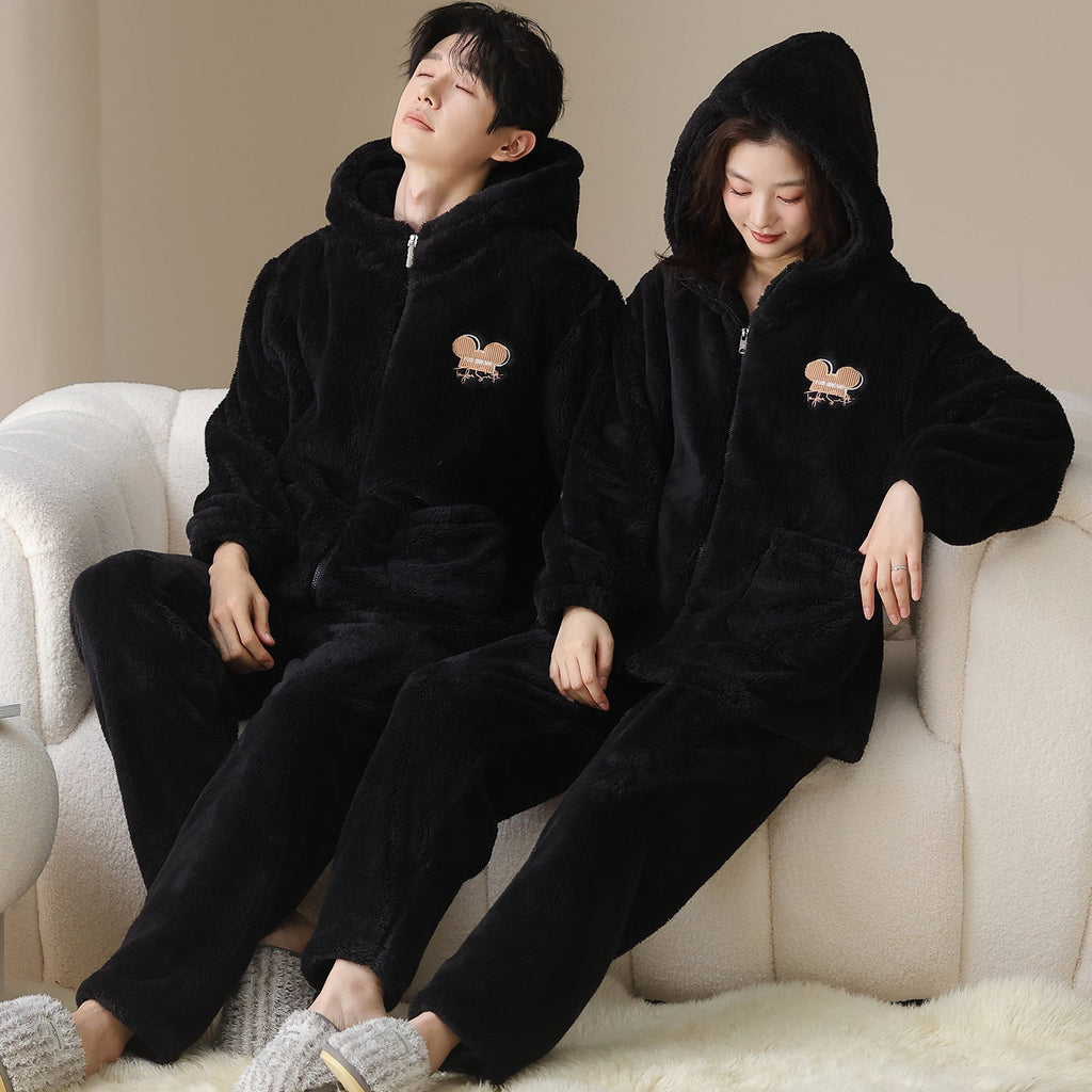 Plush Couple Pajamas Women's Winter Casual Zipper Hooded Outerwear Men's Homewear Suit