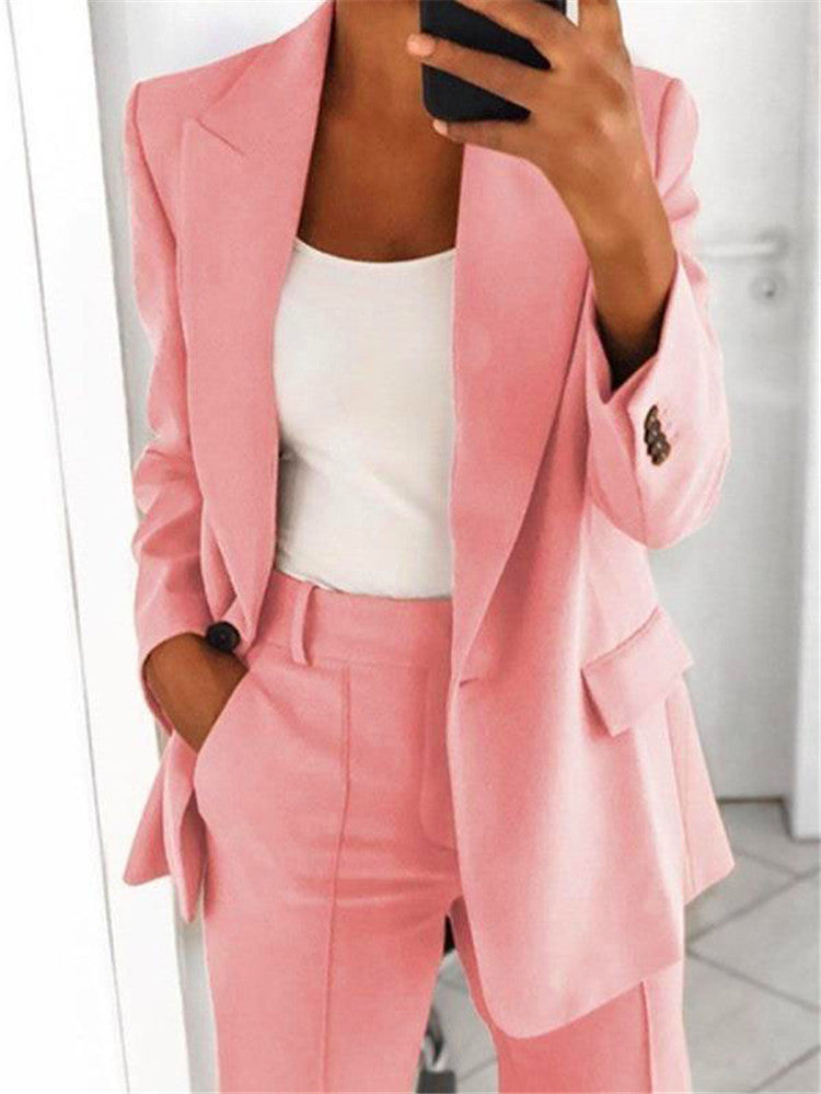 Ins Button Casual Suit Fashion Long-sleeved Lapel Blazer Jacket And Slim-fit Pocket Trousers For Women Clothing