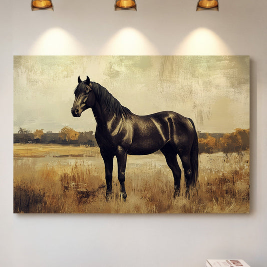 Étalon noir majestueux – Impression d'art mural de cheval western rustique