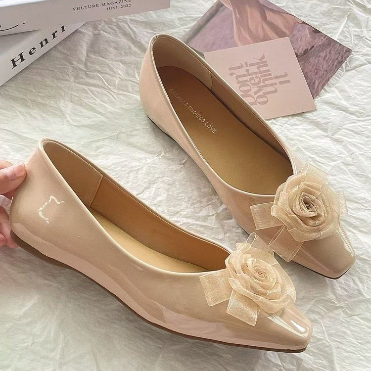 2026 Summer French Style Patent Leather Flats Women, Square Toe Shallow Shoes With 3D Mesh Rose, Slip-on Elegant Daily Ballet Shoes