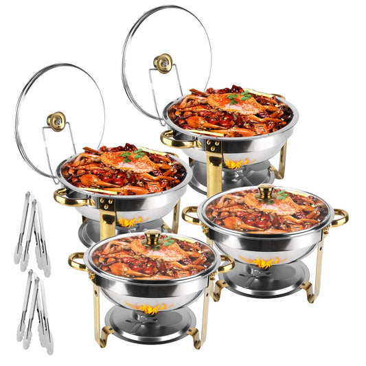 4er-Set Chafing Dish Buffet Set 4.5L Runde Buffetservierer Speisenwärmer Edelstahl Chafing Dish mit Glasdeckel zum Warmhalten Kühlen von Versammlungen und Banketten