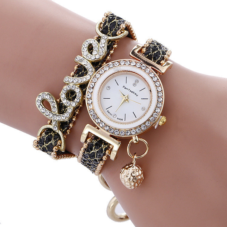 Crystal Leather LOVE Bracelet Womens Watch