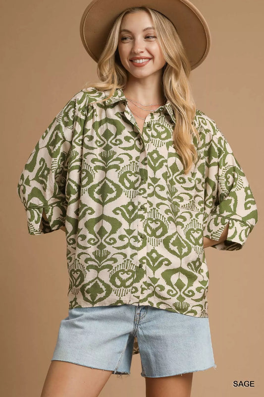 Umgee Abstract Print Button-Up Oversized Shirt