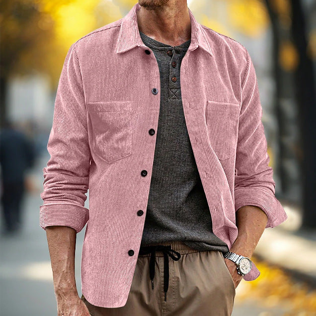 Mens Corduroy Long-Sleeve Casual Pocket Lapel Shirt Jacket