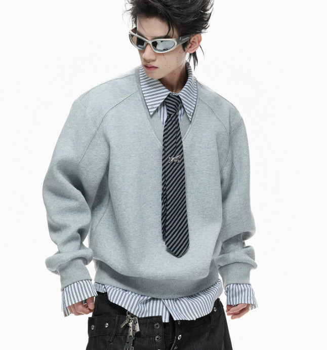 Striped Mock-two-piece Lapel Hoodie Cropped And Relaxed-fit