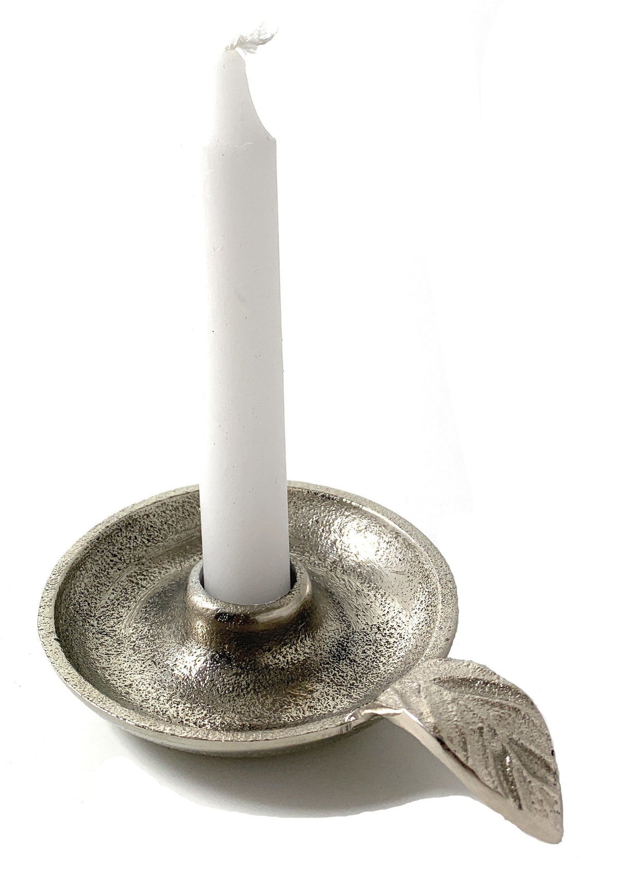 Vibhsa Taper Candlestick Holder Dish | Silver Finish, Leaf Handle, Handcrafted Aluminum