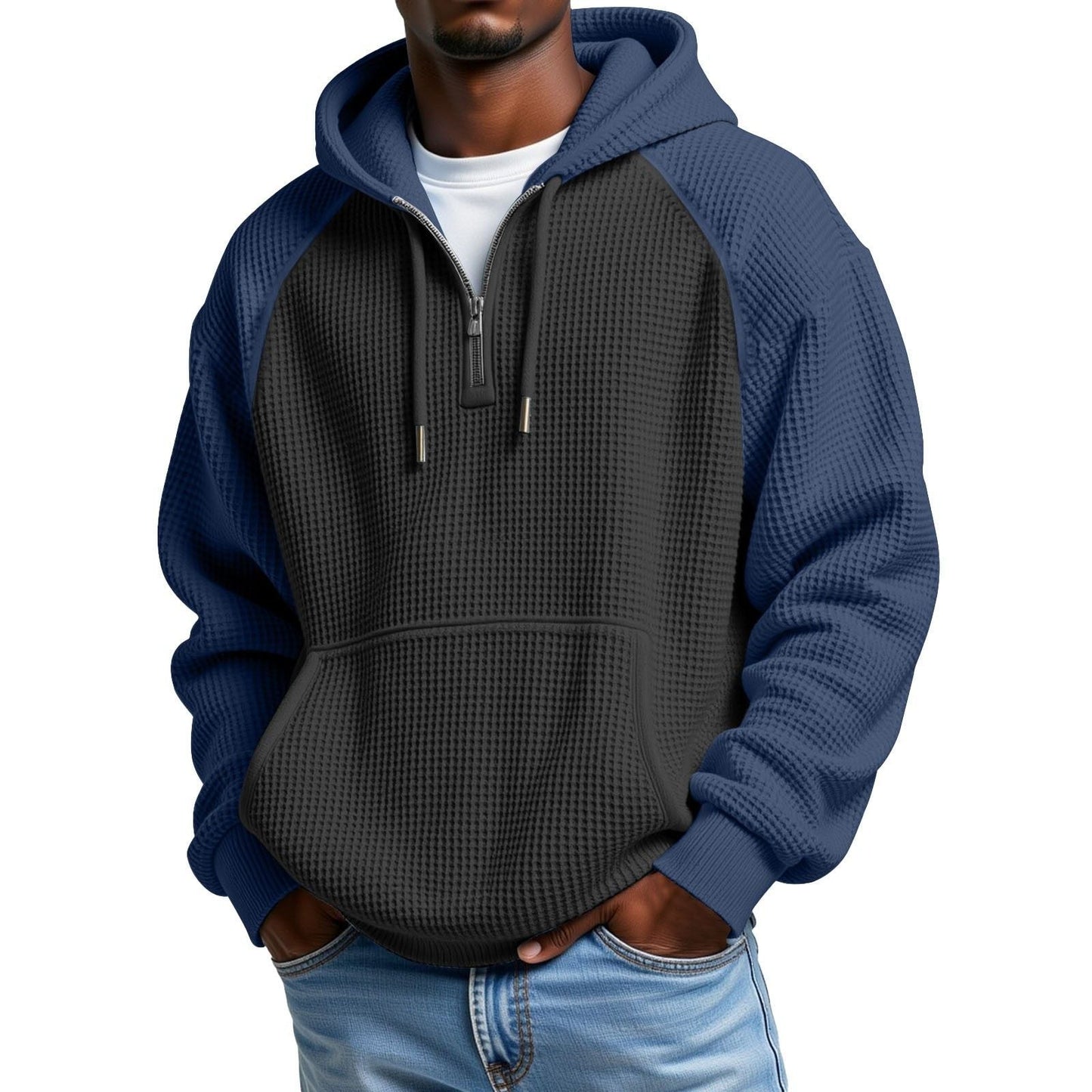 Color-block Waffle-knit Long-sleeve Hooded Jacket