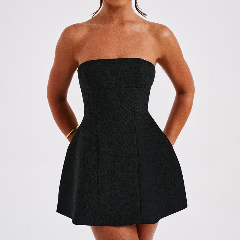 Women Mini Dress, Strapless Backless Solid Slim Fit A-line Summer Tube Clubwear