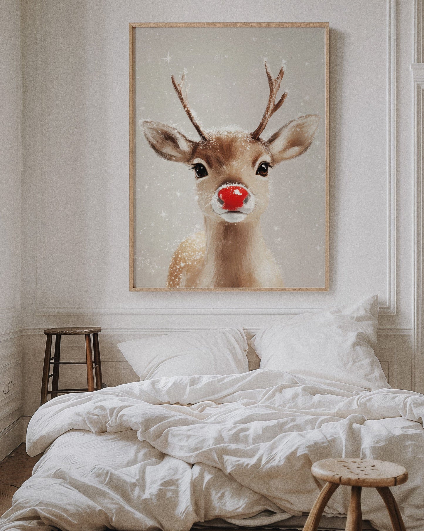 Adorable renne enneigé – Impression murale de Noël douillette