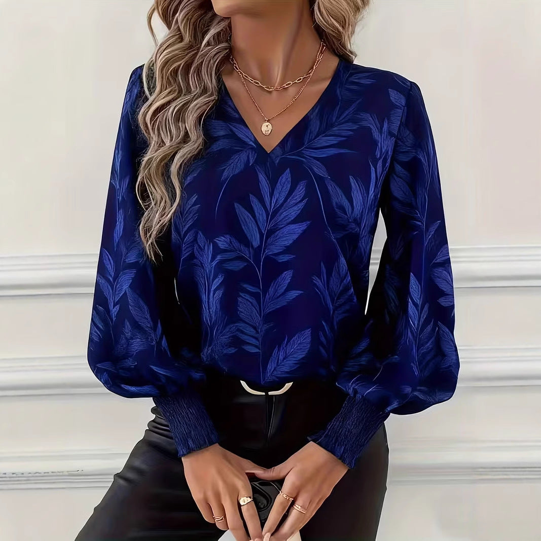Womens Loose-Fit Printed Long-Sleeve Ruffled Shirt