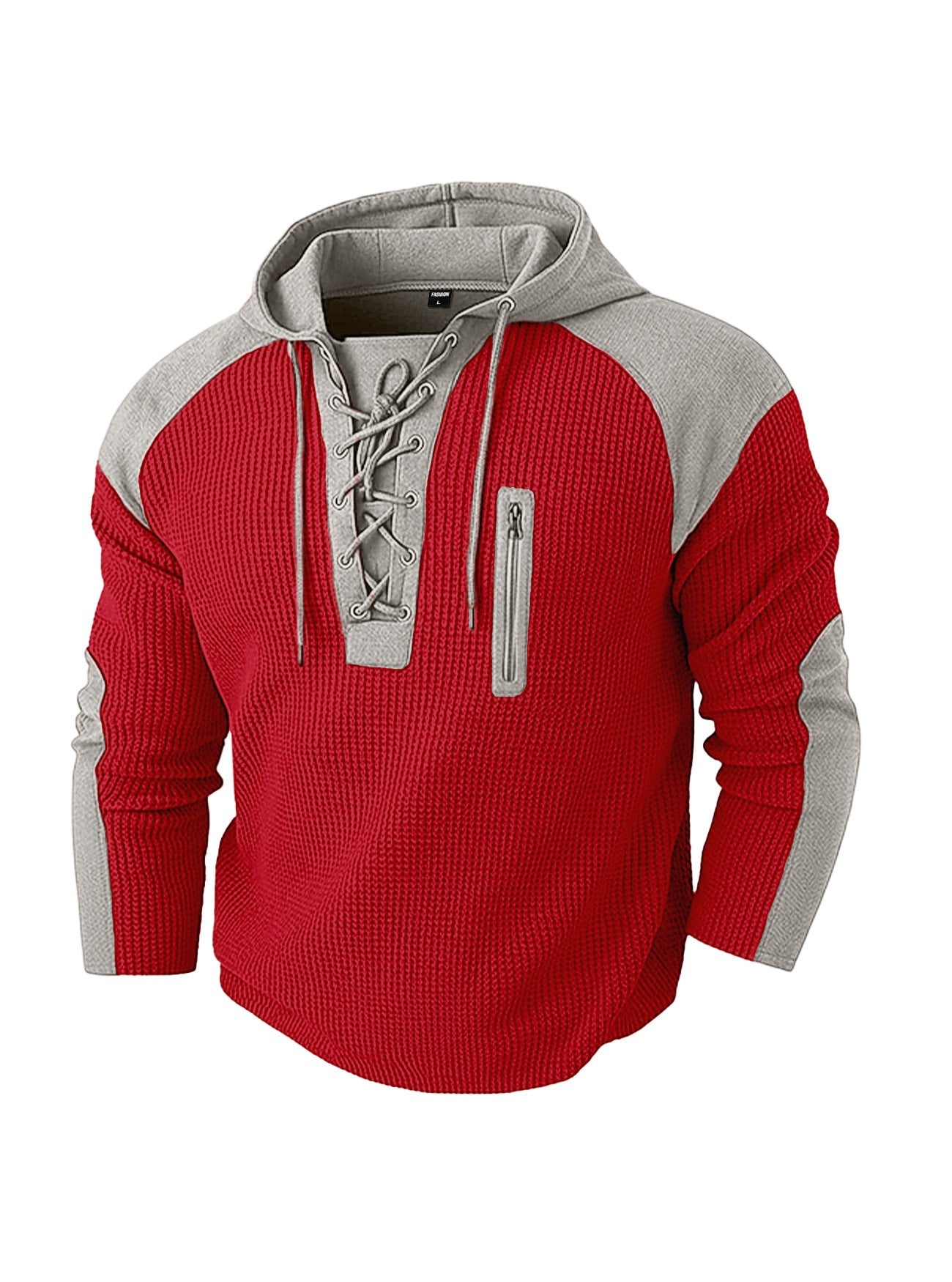 Mens Drawstring Hoodie Waffle-Weave Sweatshirt