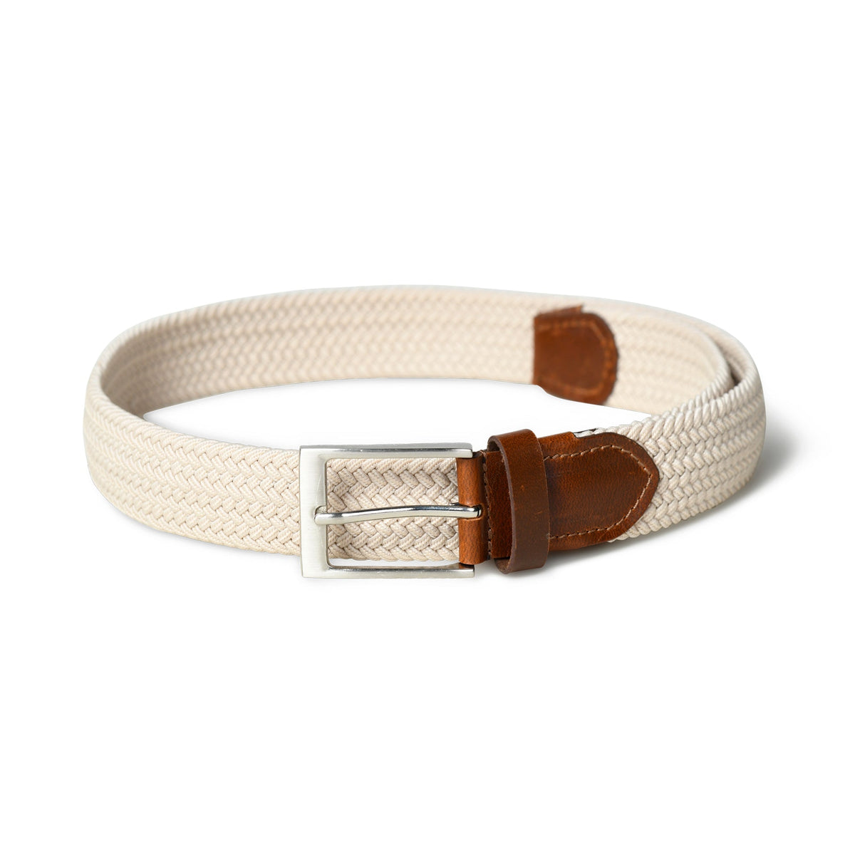 Ceinture en toile tressée crème et marron avec cuir