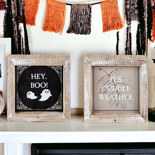 Panneau d'Automne Double Face "Hey Boo"/"It's Cuddle Weather" Décoration de Porche Réversible