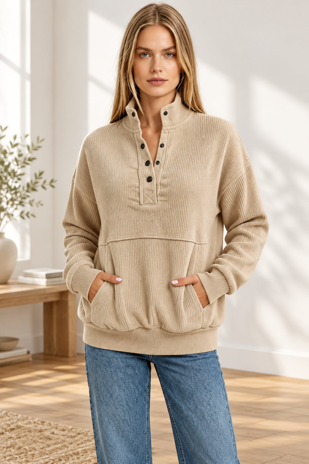 Women's Textured Button-Neck Sweatshirt with Front Pocket