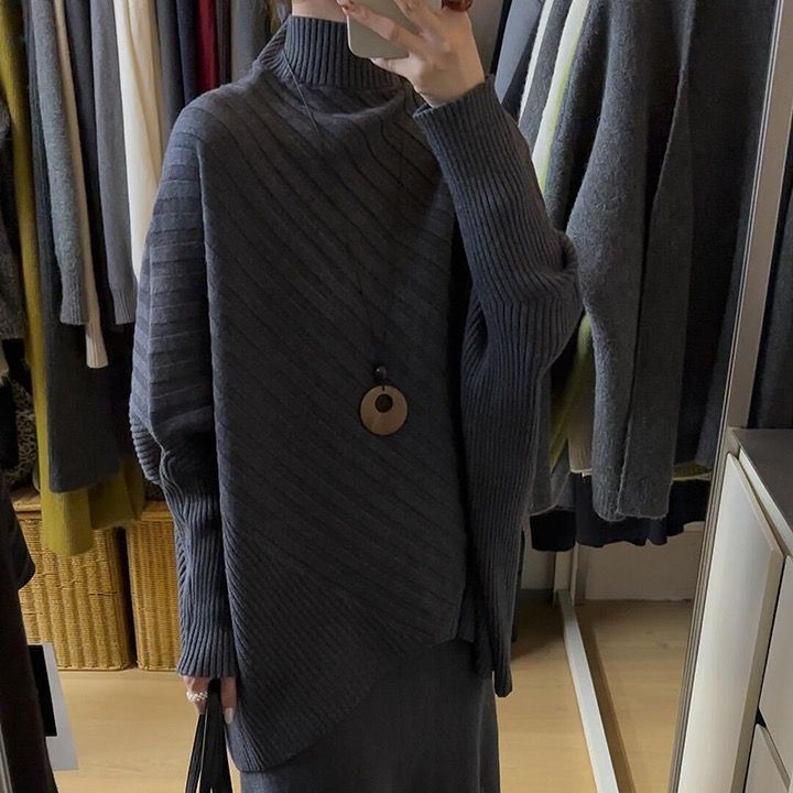 Women's Mock-Neck Batwing Asymmetrical Sweater