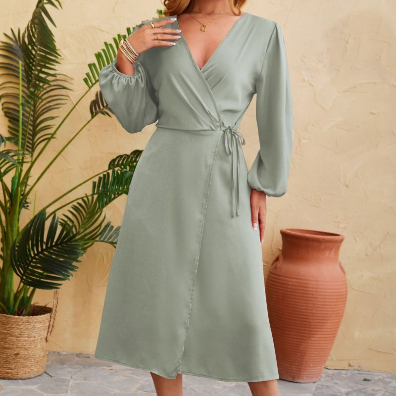 New Satin Solid-color V-neck Skirt With A Slitsexy Dress