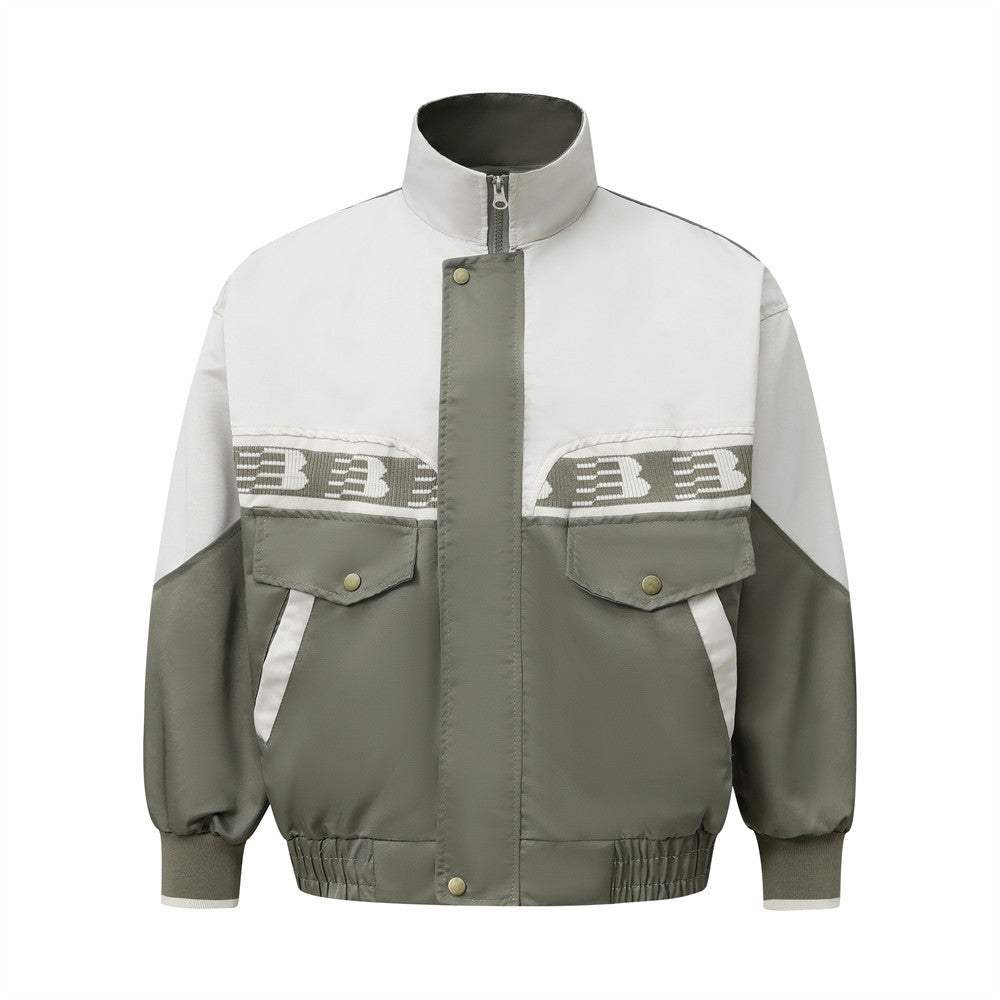 European And American Color Contrast Patchwork Workwear Stand-up Collar Jacket