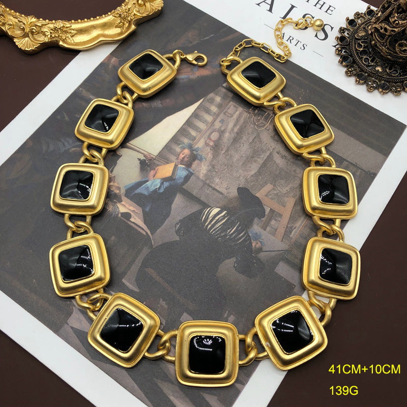 Antique Necklace Earrings Classic Black Enamel Necklace Suit