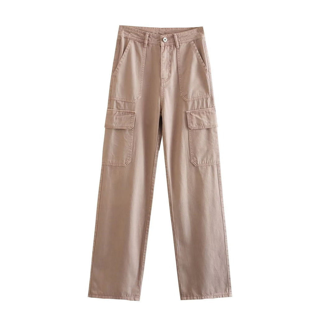 Women's Straight Solid Color Pocket Loose Casual Pants