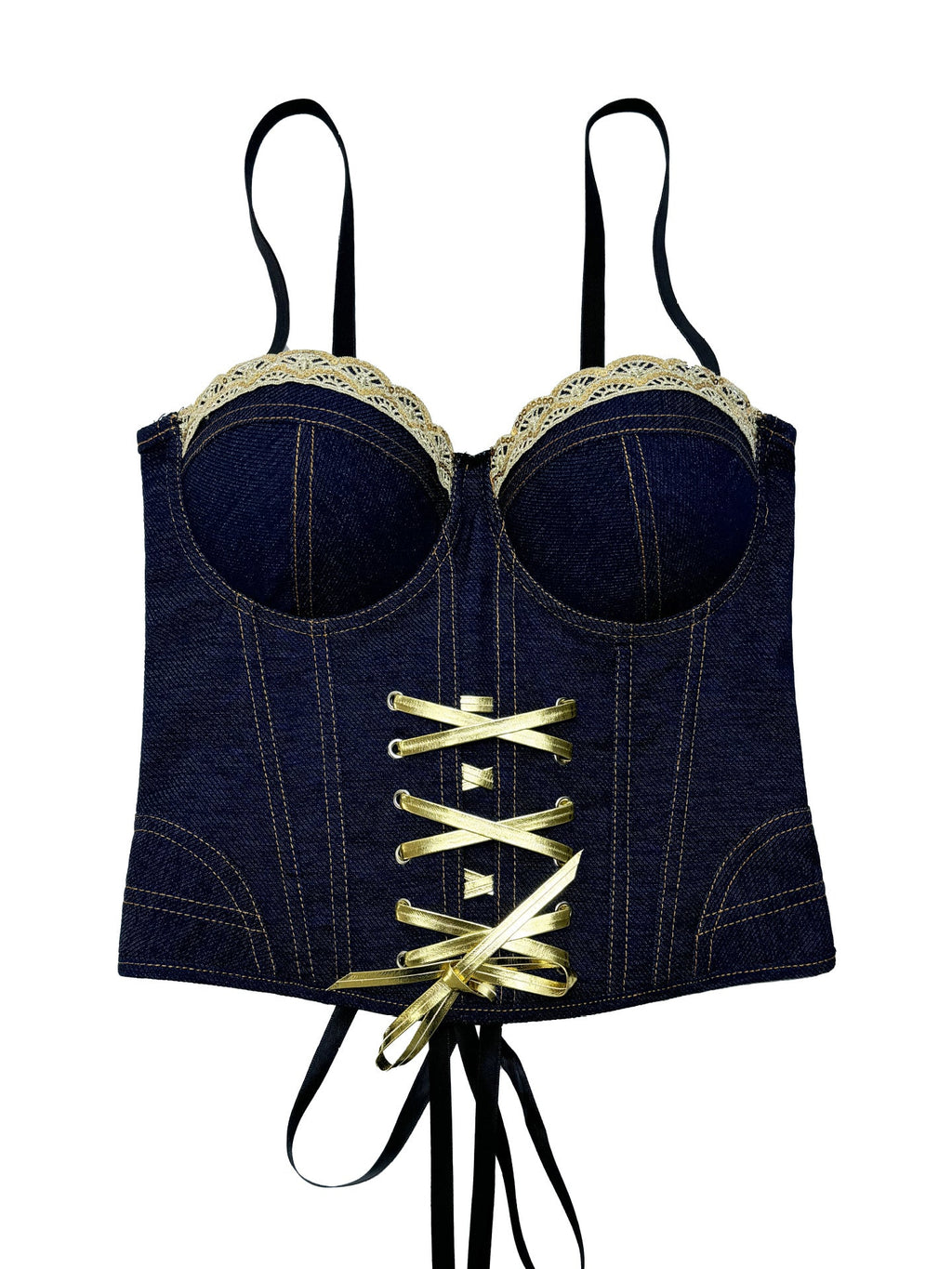 Fashionable Denim Lace-Up Drawstring Fishbone Corset Lace Camisole Versatile Slim-Fit Flattering Backless Top With Chest Pads For Outerwear
