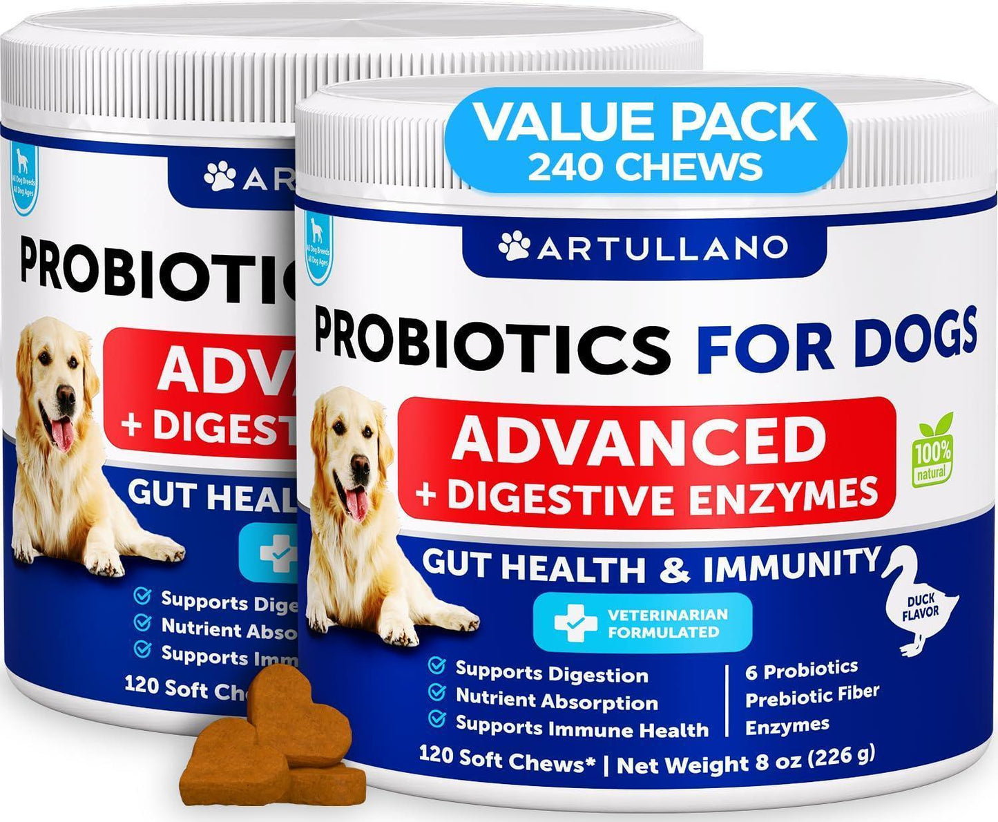 Probiotics for Dogs 240 Count 2-Pack Digestive Enzymes & Prebiotics Gut Health