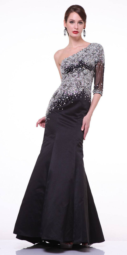 Cinderella Divine 8789 Mermaid Dress One Shoulder Sleeve Embellished Sheer Bodice