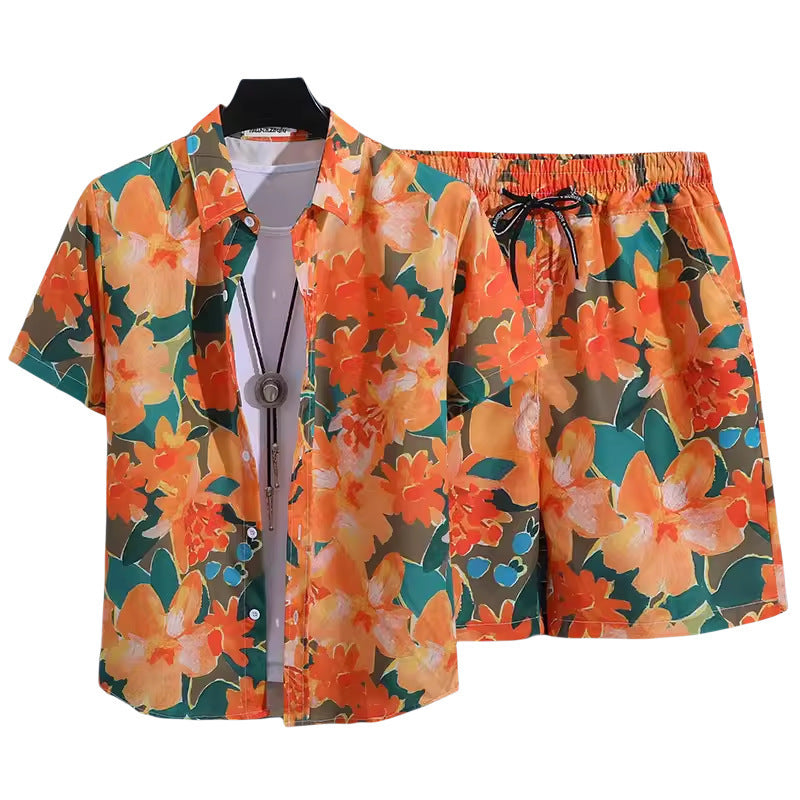 Floral Shirt Set Short Sleeves Retro All-over Floral Print Trendy