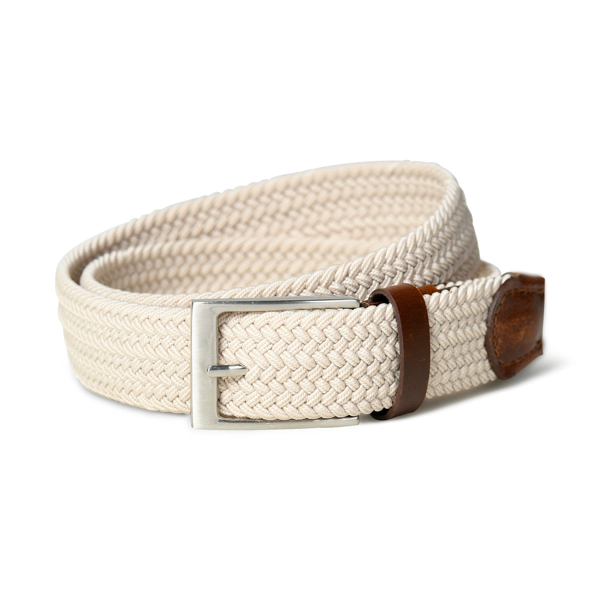 Ceinture en toile tressée crème et marron avec cuir