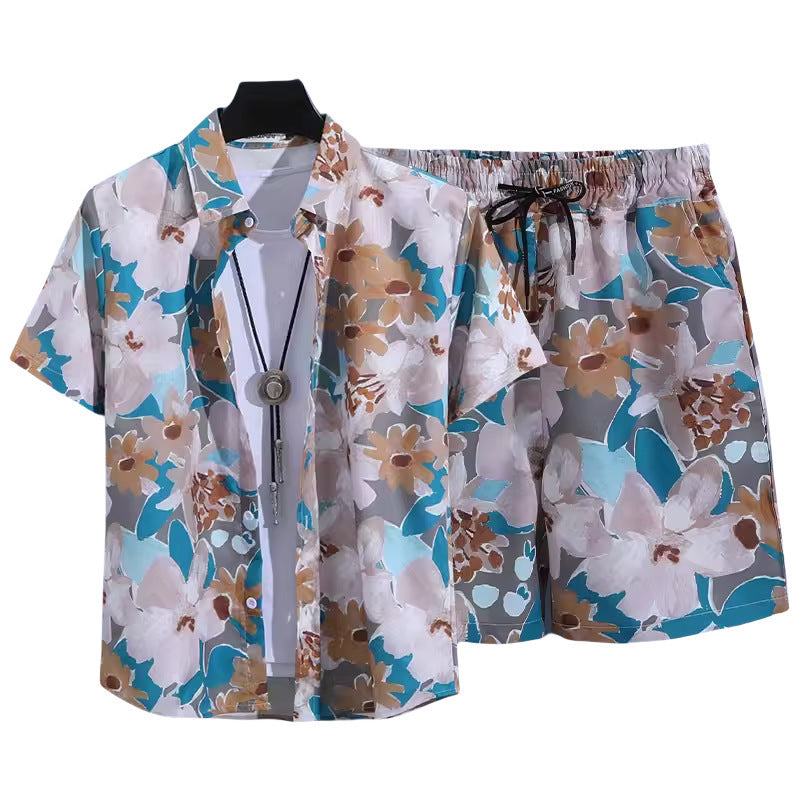 Floral Shirt Set Short Sleeves Retro All-over Floral Print Trendy