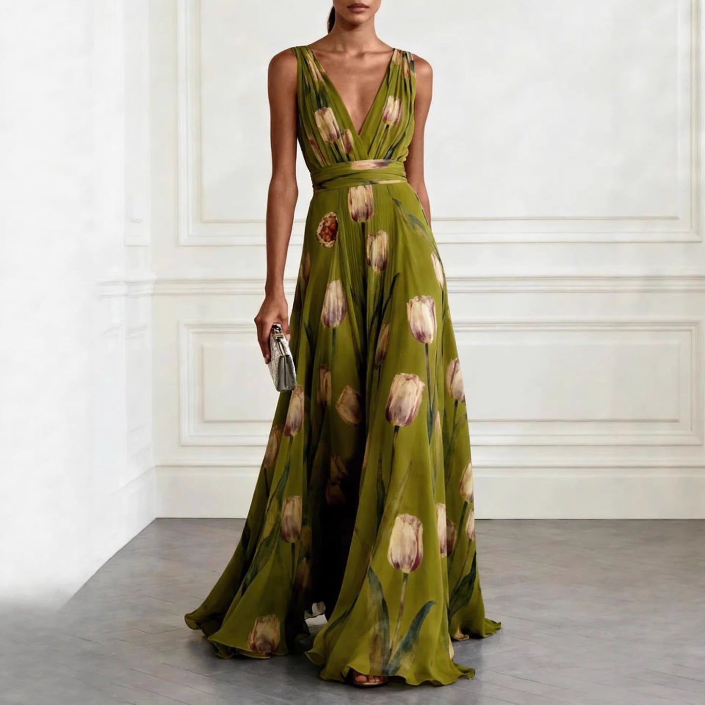 Tulip Print V-Neck Sleeveless Maxi Dress – Floral Chiffon
