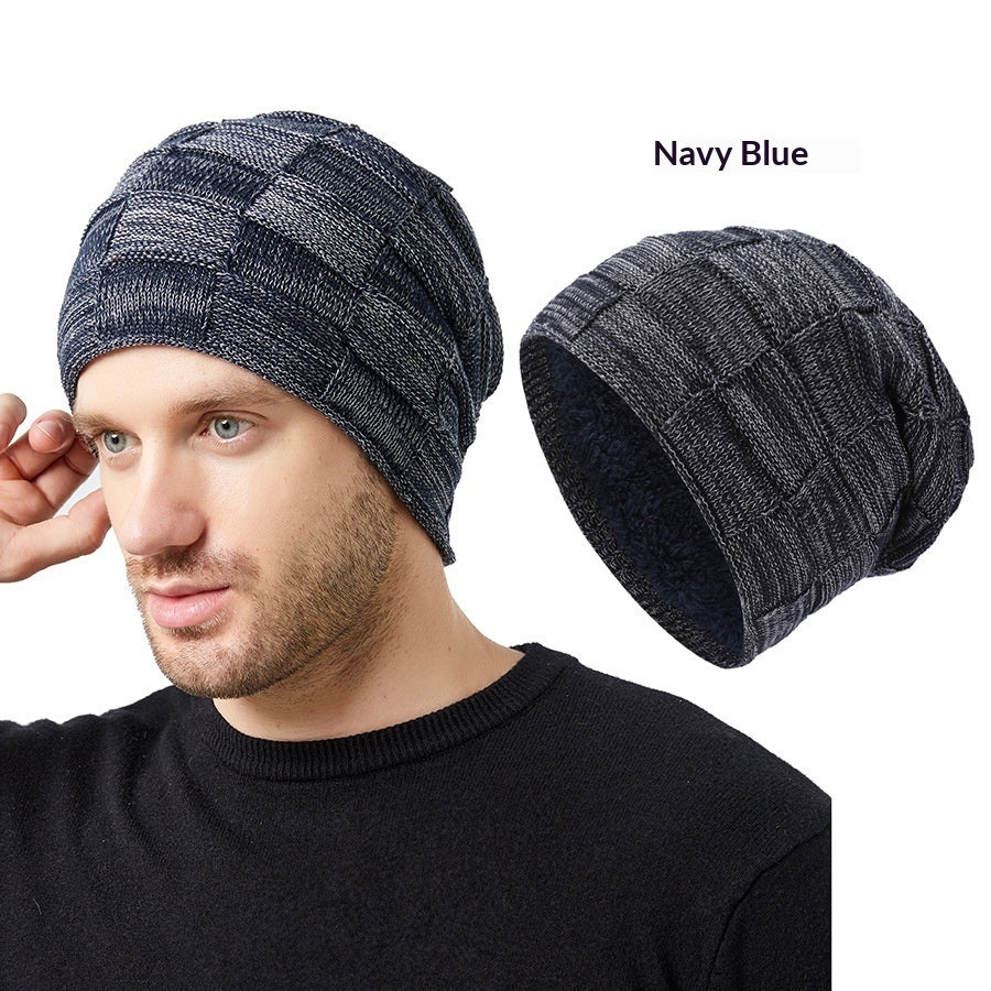 Mens Winter Knitted Hat Couples Style Warm Fleece-Lined Ear-Protecting Wool Cap