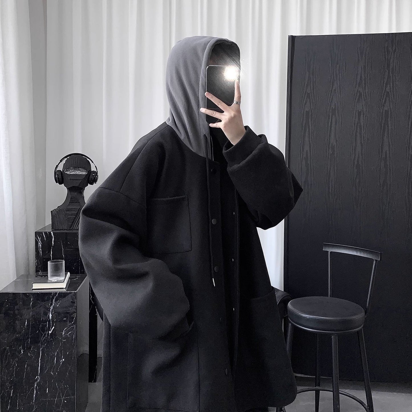 Quilted Hooded Jacket Mens Mid-Length Wool Coat