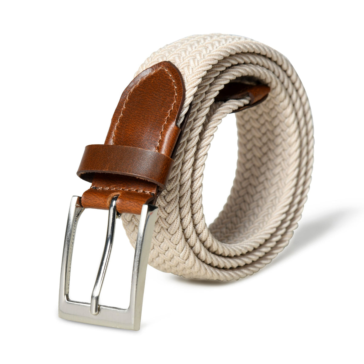 Ceinture en toile tressée crème et marron avec cuir