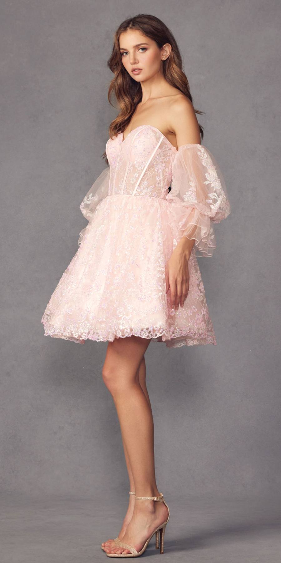 Juliet 895 Short A-Line Glitter Boned Dress Detachable Puff Sleeves