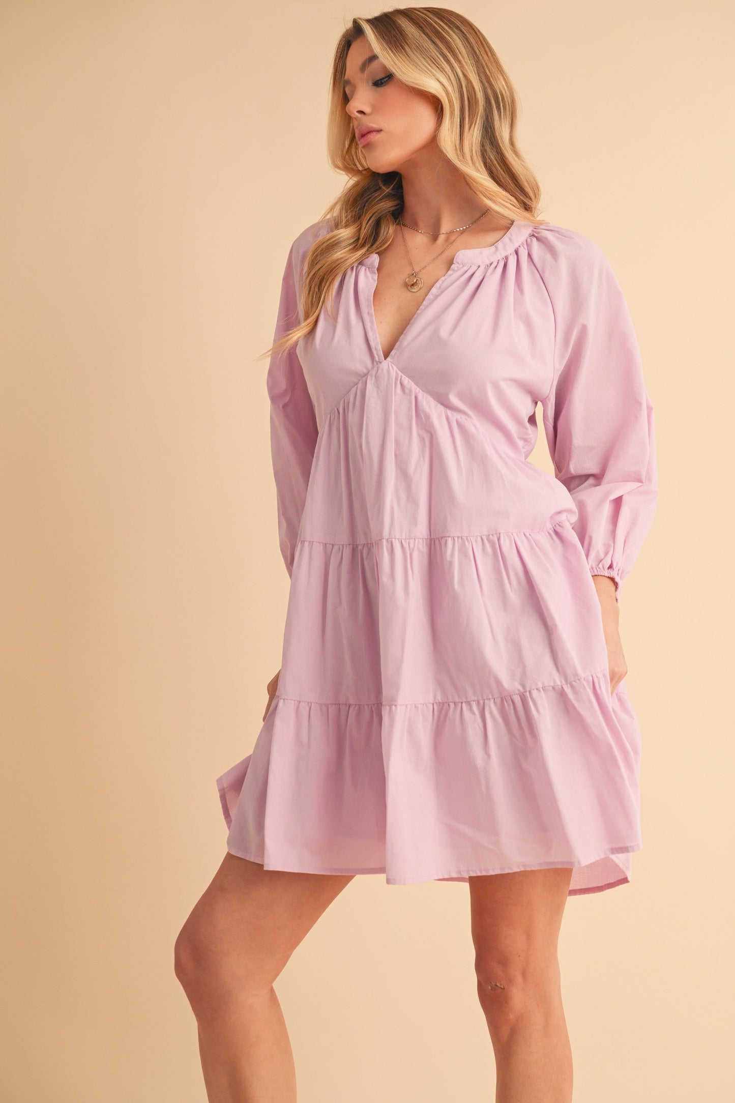 Notched Balloon Sleeve Tiered Mini Dress For Women–Trendy, Chic Style with Modern Balloon Sleeves, Tiered Layers for a Playful & Flirty Look