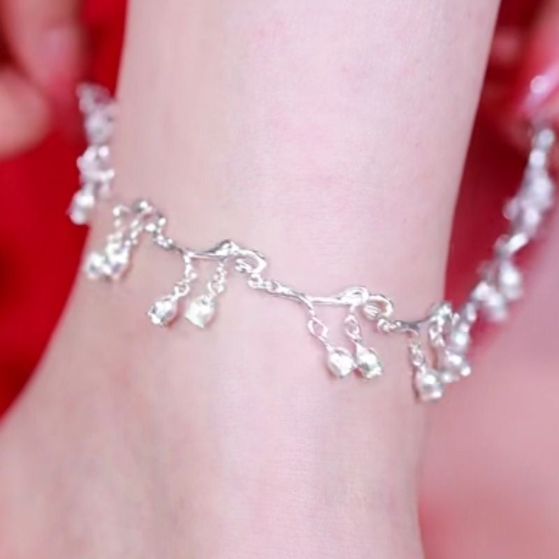 1pcs 999 Sterling Silver Lily Of The Valley Tassel Adjustable Anklet, Fairy Forest Style, For Summer Beach Daily Wear & Women Romantic Gifts
