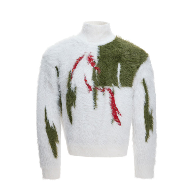 Mink-faux Fur Contrast-color Sweater With Diamond-embellished Horse Totem Knitwear