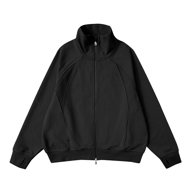 Retro Solid-color Curved-cut Stand-collar Zip-up Hoodie