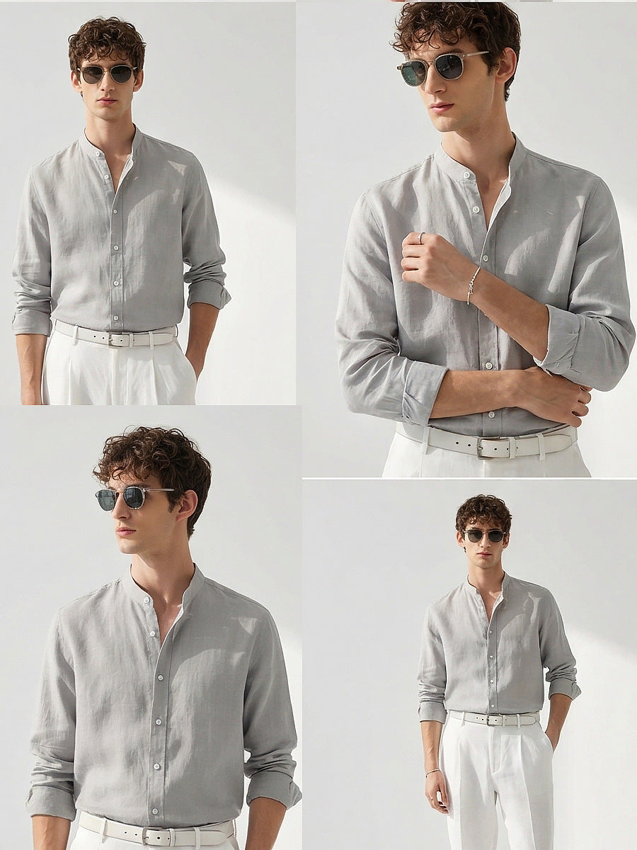 Italian Neapolitan Luxury Pure Natural Linen Mens Long Sleeve Shirt