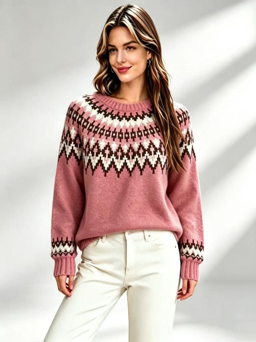 Womens Retro Fair-Isle Knit Crew-Neck Sweater