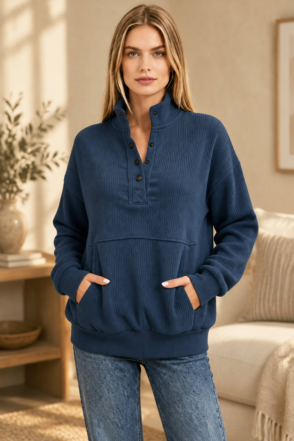 Women's Textured Button-Neck Sweatshirt with Front Pocket