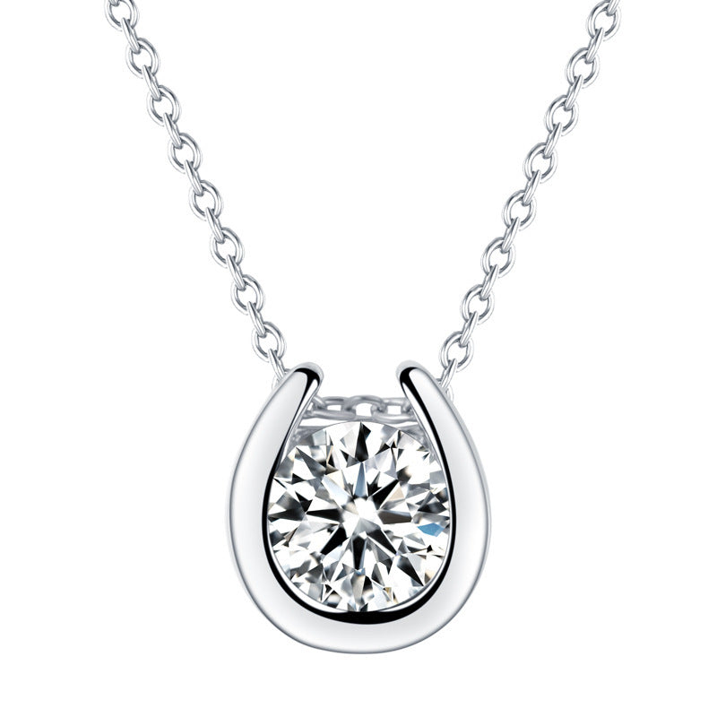 S925 Sterling Silver Minimalist Pendant Necklace, 1ct D-VVS1 Moissanite, Horseshoe Bezel Setting, Platinum Plated 38&41cm Chain, 2.4g GRA Certificate Gift Box