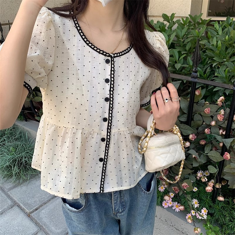 Summer Sweet And Feminine Loose-fitting Polka-dot Short-sleeve Top