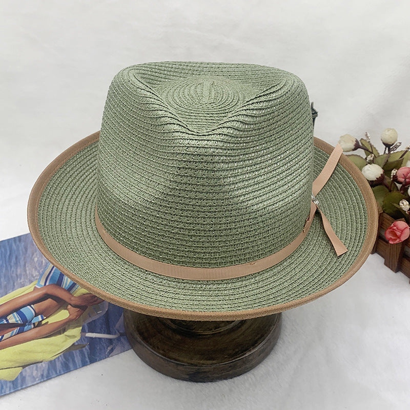 Olive Green Rolled-brim Straw Hat With Bow For Sun Protection Artistic Style For Men And Women