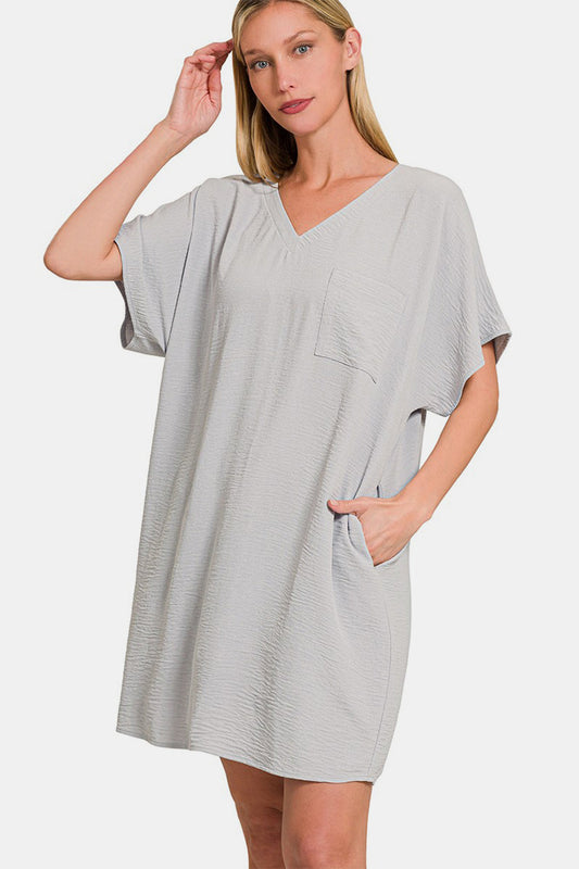 V-Neck Tee Dress with Pockets For Women – Comfortable V-Neck Dress, Casual Chic Tee Dress, Practical Pocketed Dress, Versatile V-Neck Dress, Everyday Casual Dress, Relaxed Fit Dress, Functional Pocket Dress