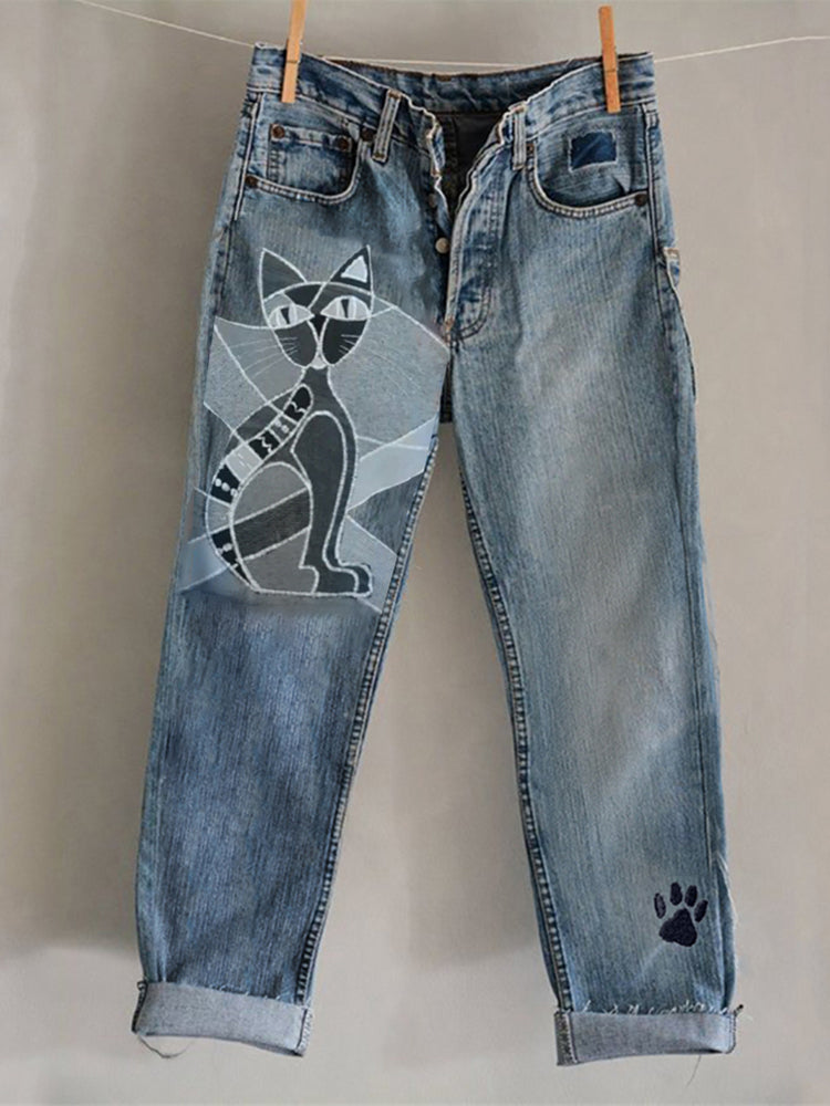 New 3D Heat-transfer Printed Flared Jeans-style Trousers In Faux Denim