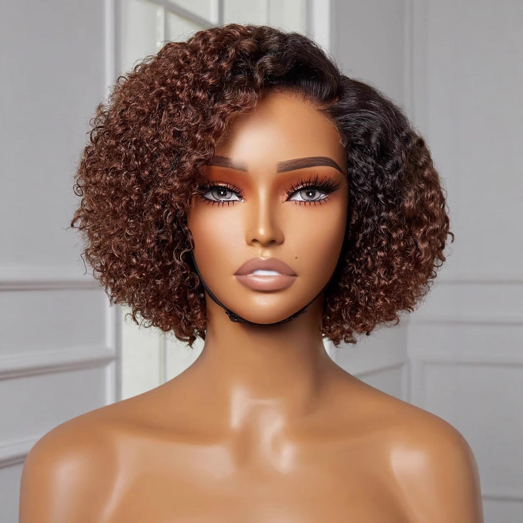 Wig Fashionable Synthetic Cap Brown Side-Parted Short Curly Hair African Curls
