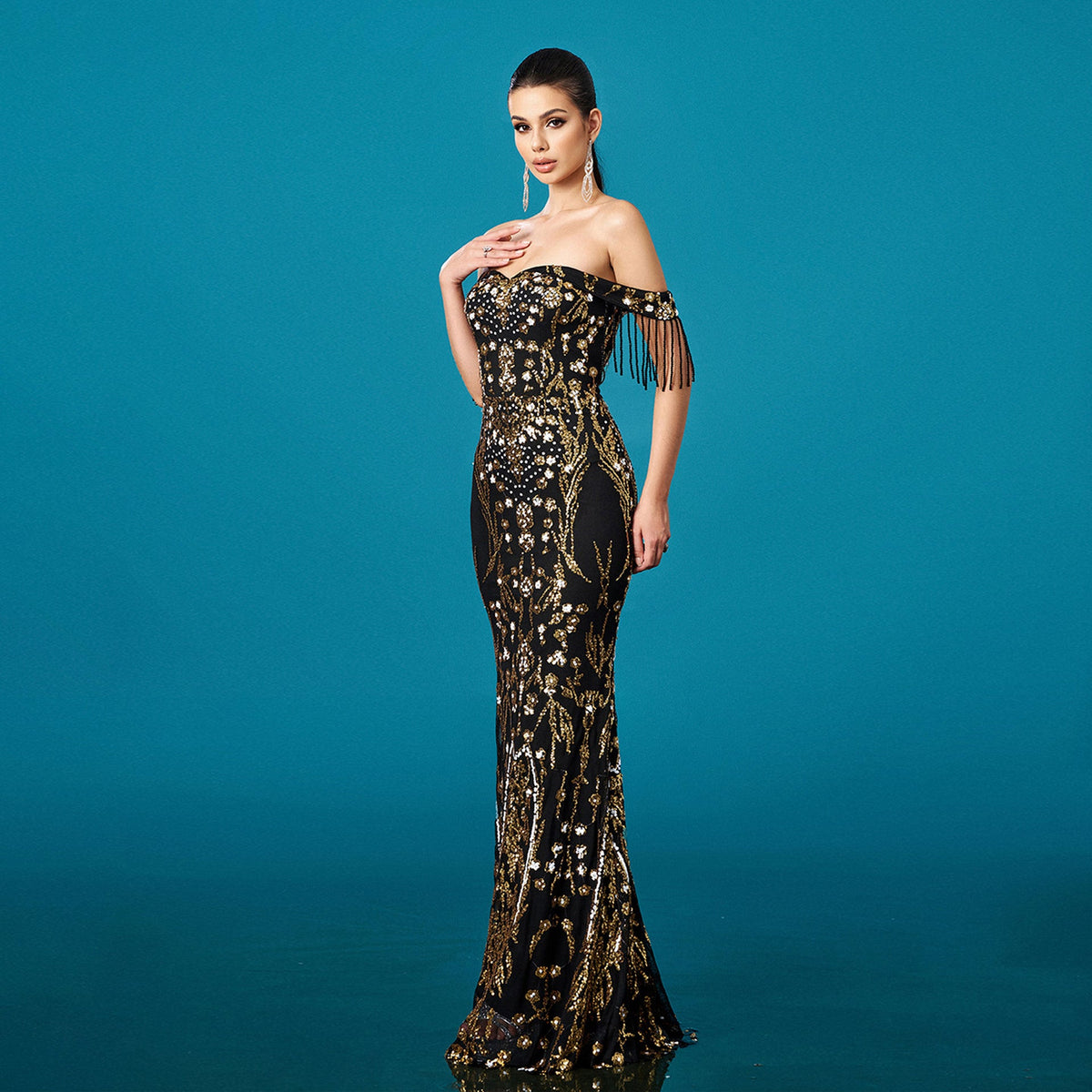 Off-neck Tassel Sequined Fishtail Evening Dress For Banquet